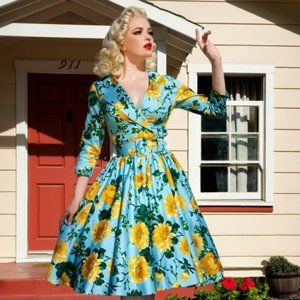 Pinup Girl Clothing Birdie in blue and yellow floral print with belt